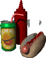 a steaming hot dog sitting next to a soda can and a bottle of ketchup